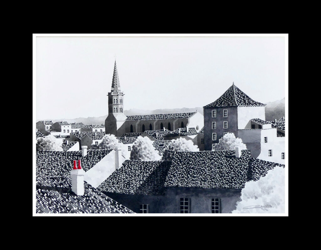 aquarelle Martres-Tolosane église et donjon